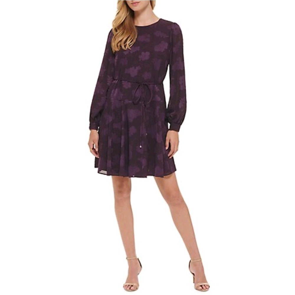 Tommy Hilfiger Women's Floral Purple  Long-sleeve Fit-&-Flare Dress  6